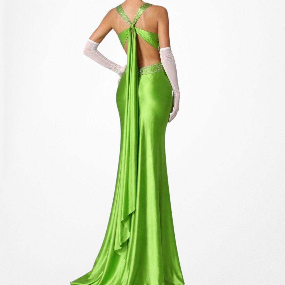 Vintage Y2K Green Sequin Beaded Bodycon Satin Maxi Prom Cocktail Dress Size S
